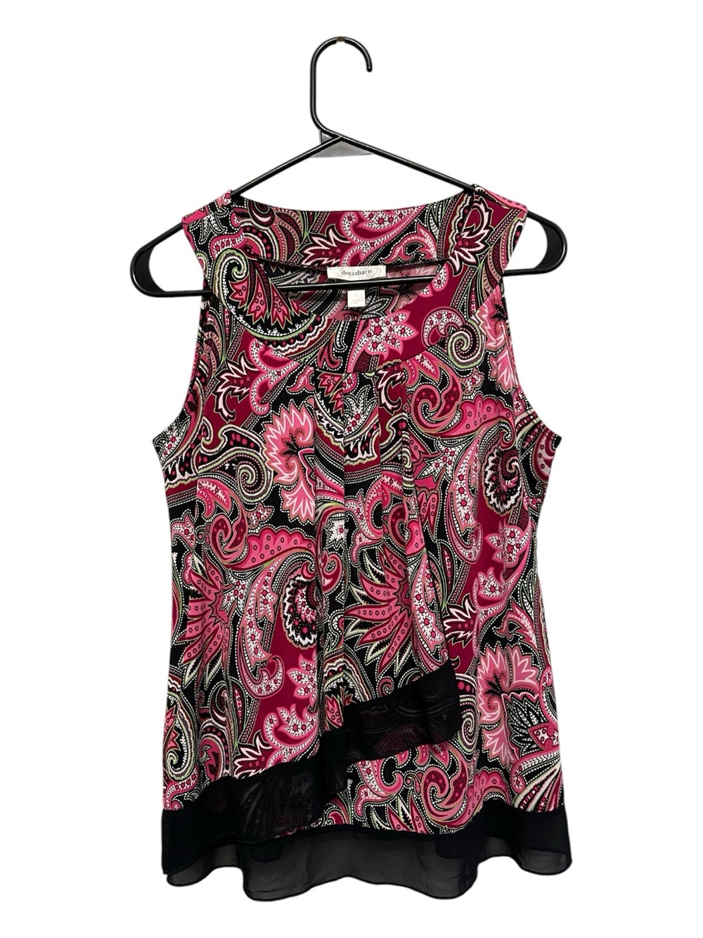 Vintage Y2K Dressbarn Pink Abstract Paisley Sleeveless Blouse with Black Trim S
